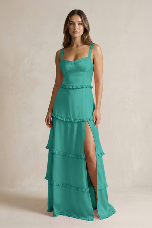 Tiered Ruffled A - Line Bridesmaid Dress With Slit in Sea Glass - KISS BRIDAL Bridesmaid Dresses