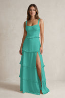 Tiered Ruffled A-Line Bridesmaid Dress With Slit in Sea Glass | KISSBRIDAL