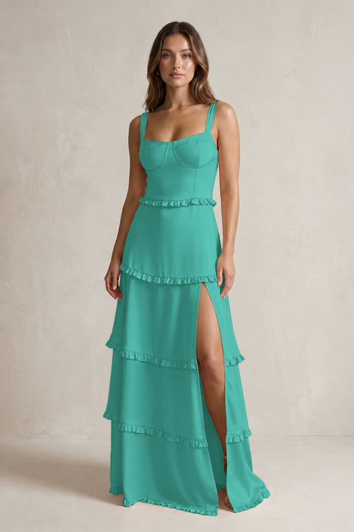 Tiered Ruffled A-Line Bridesmaid Dress With Slit in Sea Glass | KISSBRIDAL