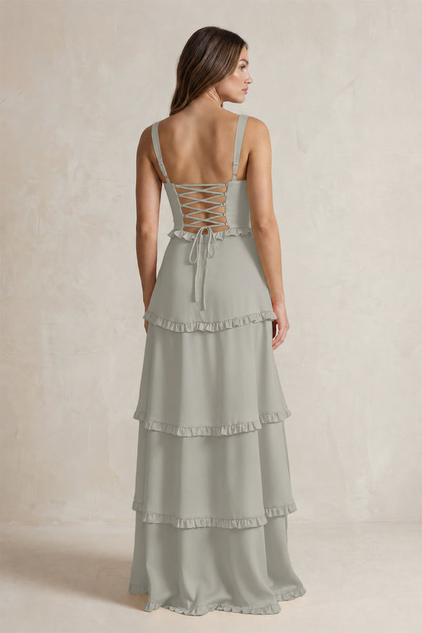 Tiered Ruffled A-Line Bridesmaid Dress With Slit in Silver (2) | KISSBRIDAL
