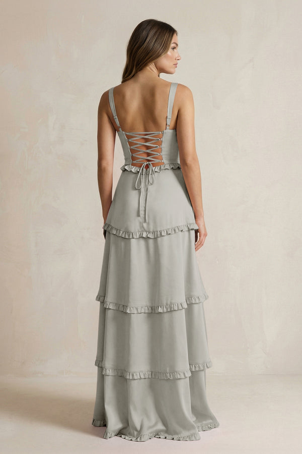 Tiered Ruffled A - Line Bridesmaid Dress With Slit in Silver - KISS BRIDAL Bridesmaid Dresses