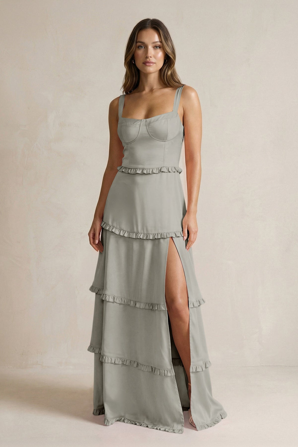 Tiered Ruffled A - Line Bridesmaid Dress With Slit in Silver - KISS BRIDAL Bridesmaid Dresses