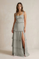 Tiered Ruffled A - Line Bridesmaid Dress With Slit in Silver - KISS BRIDAL Bridesmaid Dresses