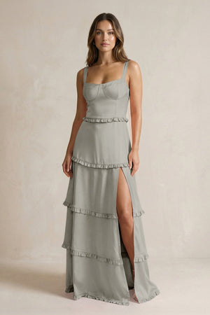 Tiered Ruffled A - Line Bridesmaid Dress With Slit in Silver - KISS BRIDAL Bridesmaid Dresses