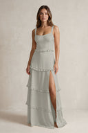 Tiered Ruffled A-Line Bridesmaid Dress With Slit in Silver | KISSBRIDAL