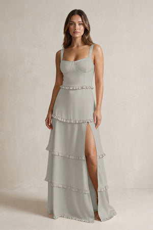 Tiered Ruffled A-Line Bridesmaid Dress With Slit in Silver | KISSBRIDAL