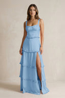 Tiered Ruffled A - Line Bridesmaid Dress With Slit in Sky Blue - KISS BRIDAL Bridesmaid Dresses