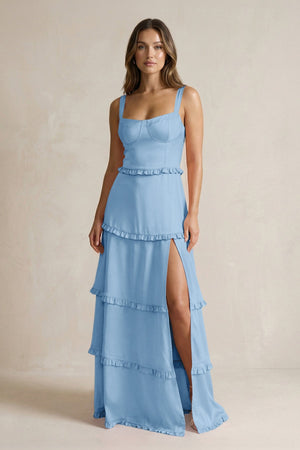 Tiered Ruffled A - Line Bridesmaid Dress With Slit in Sky Blue - KISS BRIDAL Bridesmaid Dresses