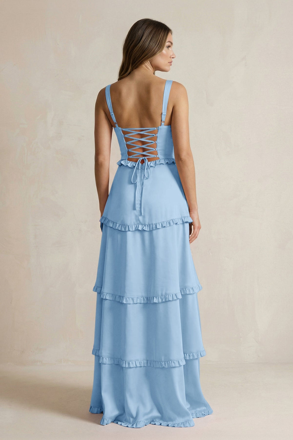 Tiered Ruffled A - Line Bridesmaid Dress With Slit in Sky Blue - KISS BRIDAL Bridesmaid Dresses