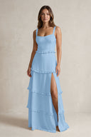 Tiered Ruffled A-Line Bridesmaid Dress With Slit in Sky Blue | KISSBRIDAL