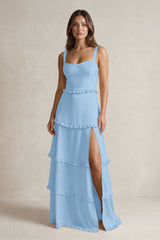 Tiered Ruffled A-Line Bridesmaid Dress With Slit in Sky Blue | KISSBRIDAL