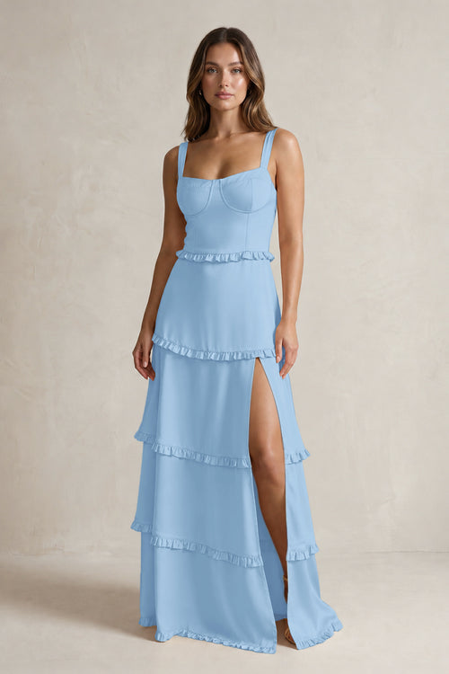 Tiered Ruffled A-Line Bridesmaid Dress With Slit in Sky Blue | KISSBRIDAL