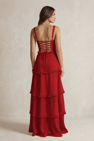 Tiered Ruffled A-Line Bridesmaid Dress With Slit in Spice (2) | KISSBRIDAL