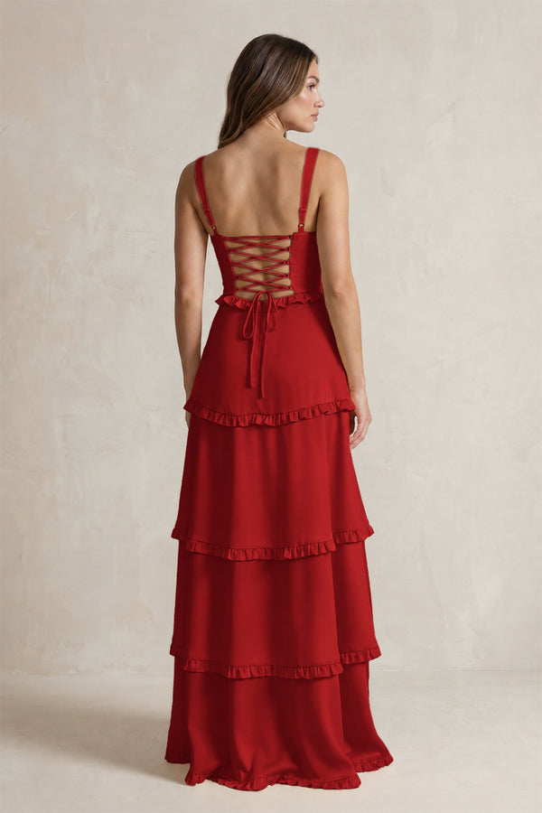 Tiered Ruffled A-Line Bridesmaid Dress With Slit in Spice (2) | KISSBRIDAL