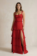 Tiered Ruffled A - Line Bridesmaid Dress With Slit in Spice - KISS BRIDAL Bridesmaid Dresses