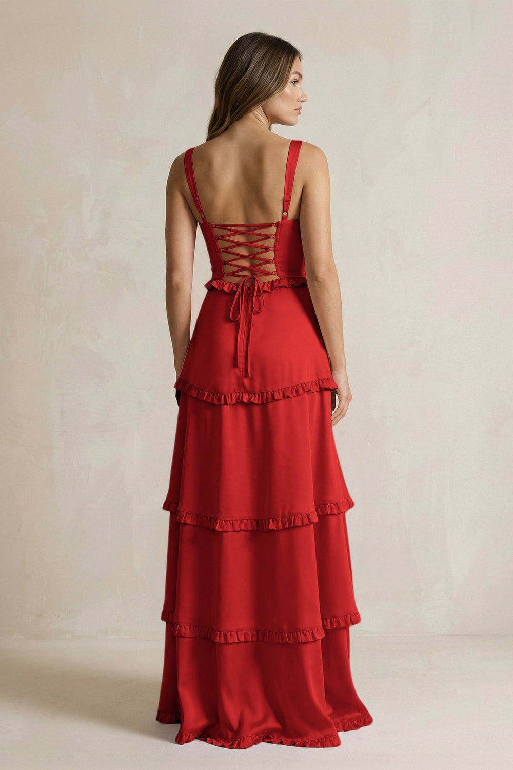 Tiered Ruffled A - Line Bridesmaid Dress With Slit in Spice - KISS BRIDAL Bridesmaid Dresses