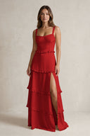 Tiered Ruffled A-Line Bridesmaid Dress With Slit in Spice | KISSBRIDAL