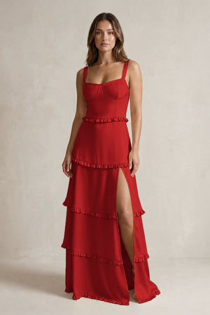 Tiered Ruffled A-Line Bridesmaid Dress With Slit in Spice | KISSBRIDAL