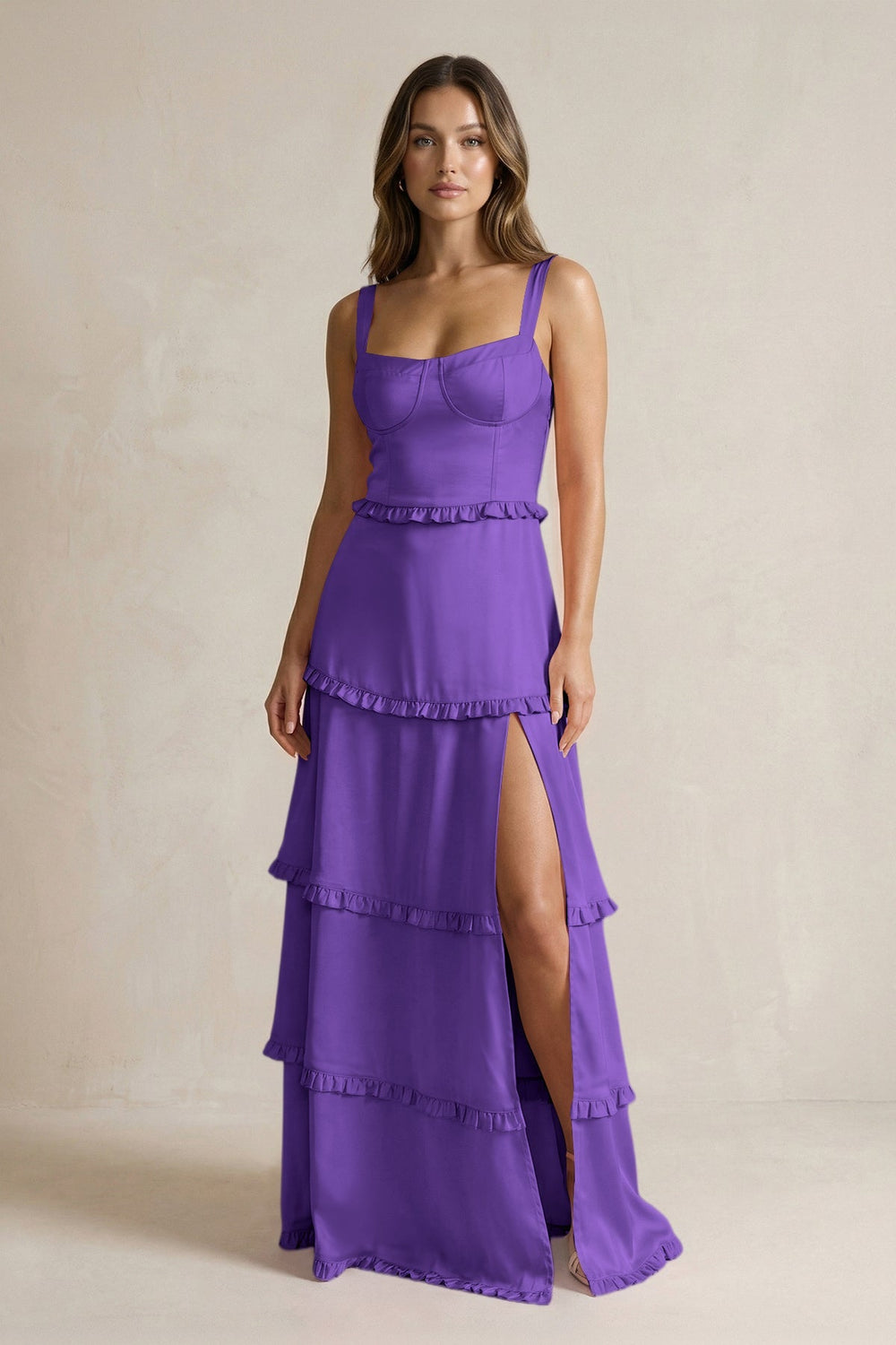 Tiered Ruffled A - Line Bridesmaid Dress With Slit in Tahiti - KISS BRIDAL Bridesmaid Dresses