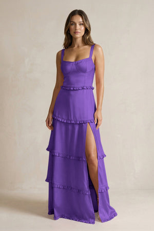 Tiered Ruffled A - Line Bridesmaid Dress With Slit in Tahiti - KISS BRIDAL Bridesmaid Dresses