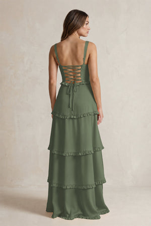 Tiered Ruffled A-Line Bridesmaid Dress With Slit in Thyme (2) | KISSBRIDAL