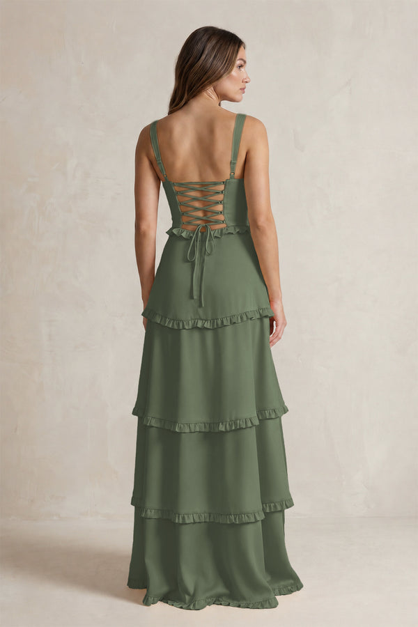 Tiered Ruffled A-Line Bridesmaid Dress With Slit in Thyme (2) | KISSBRIDAL
