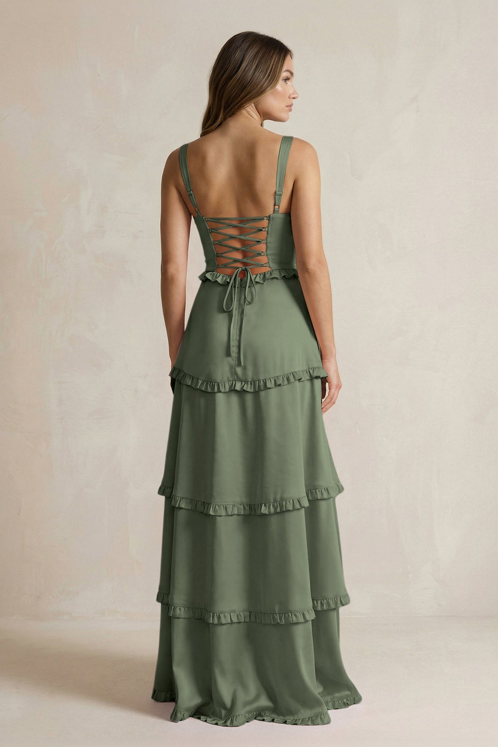 Tiered Ruffled A - Line Bridesmaid Dress With Slit in Thyme - KISS BRIDAL Bridesmaid Dresses