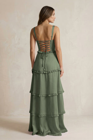 Tiered Ruffled A - Line Bridesmaid Dress With Slit in Thyme - KISS BRIDAL Bridesmaid Dresses