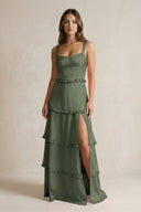 Tiered Ruffled A - Line Bridesmaid Dress With Slit in Thyme - KISS BRIDAL Bridesmaid Dresses