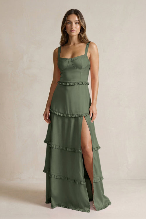 Tiered Ruffled A - Line Bridesmaid Dress With Slit in Thyme - KISS BRIDAL Bridesmaid Dresses