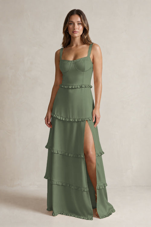 Tiered Ruffled A-Line Bridesmaid Dress With Slit in Thyme | KISSBRIDAL