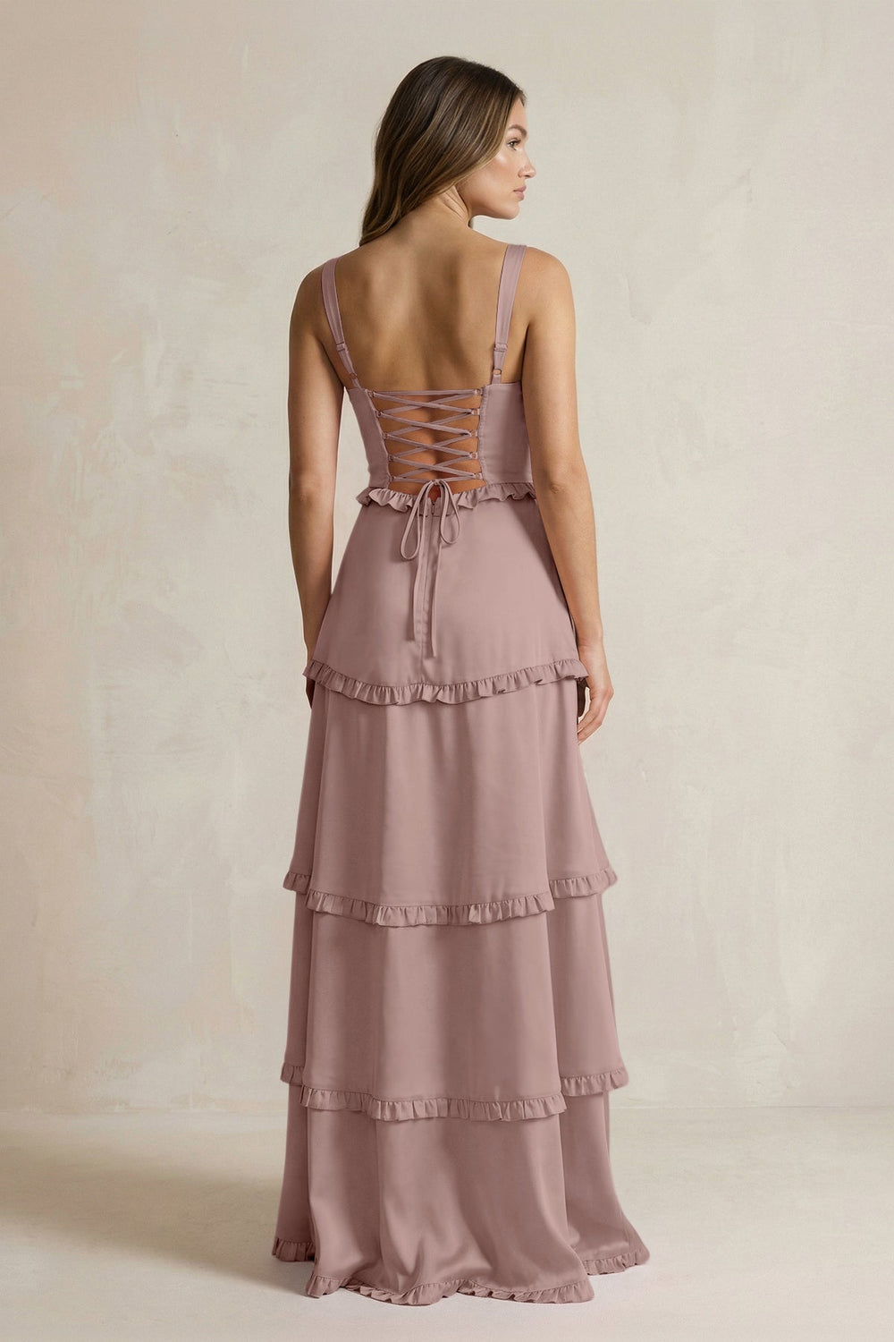 Tiered Ruffled A - Line Bridesmaid Dress With Slit in Toffee - KISS BRIDAL Bridesmaid Dresses