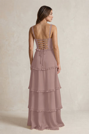 Tiered Ruffled A-Line Bridesmaid Dress With Slit in Toffee (2) | KISSBRIDAL
