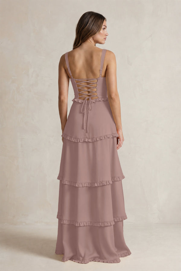 Tiered Ruffled A-Line Bridesmaid Dress With Slit in Toffee (2) | KISSBRIDAL