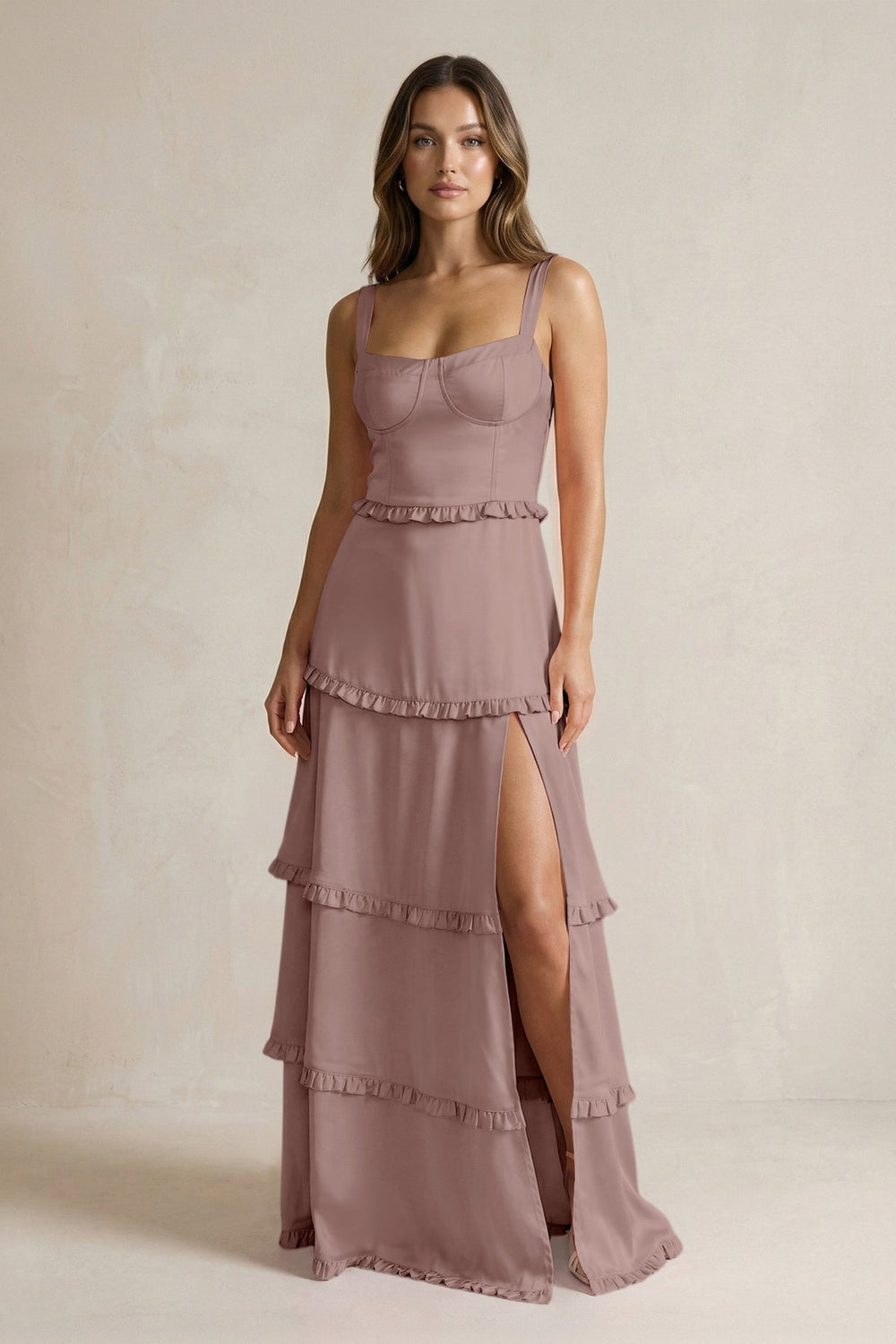 Tiered Ruffled A - Line Bridesmaid Dress With Slit in Toffee - KISS BRIDAL Bridesmaid Dresses
