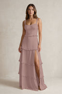 Tiered Ruffled A-Line Bridesmaid Dress With Slit in Toffee | KISSBRIDAL