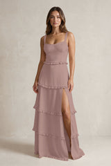 Tiered Ruffled A-Line Bridesmaid Dress With Slit in Toffee | KISSBRIDAL