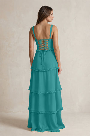 Tiered Ruffled A-Line Bridesmaid Dress With Slit in Turquoise (2) | KISSBRIDAL
