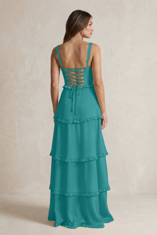 Tiered Ruffled A-Line Bridesmaid Dress With Slit in Turquoise (2) | KISSBRIDAL