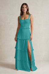 Tiered Ruffled A-Line Bridesmaid Dress With Slit in Turquoise | KISSBRIDAL