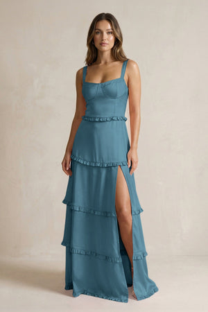 Tiered Ruffled A - Line Bridesmaid Dress With Slit in Twilight - KISS BRIDAL Bridesmaid Dresses