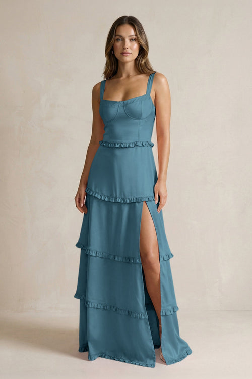 Tiered Ruffled A - Line Bridesmaid Dress With Slit in Twilight - KISS BRIDAL Bridesmaid Dresses