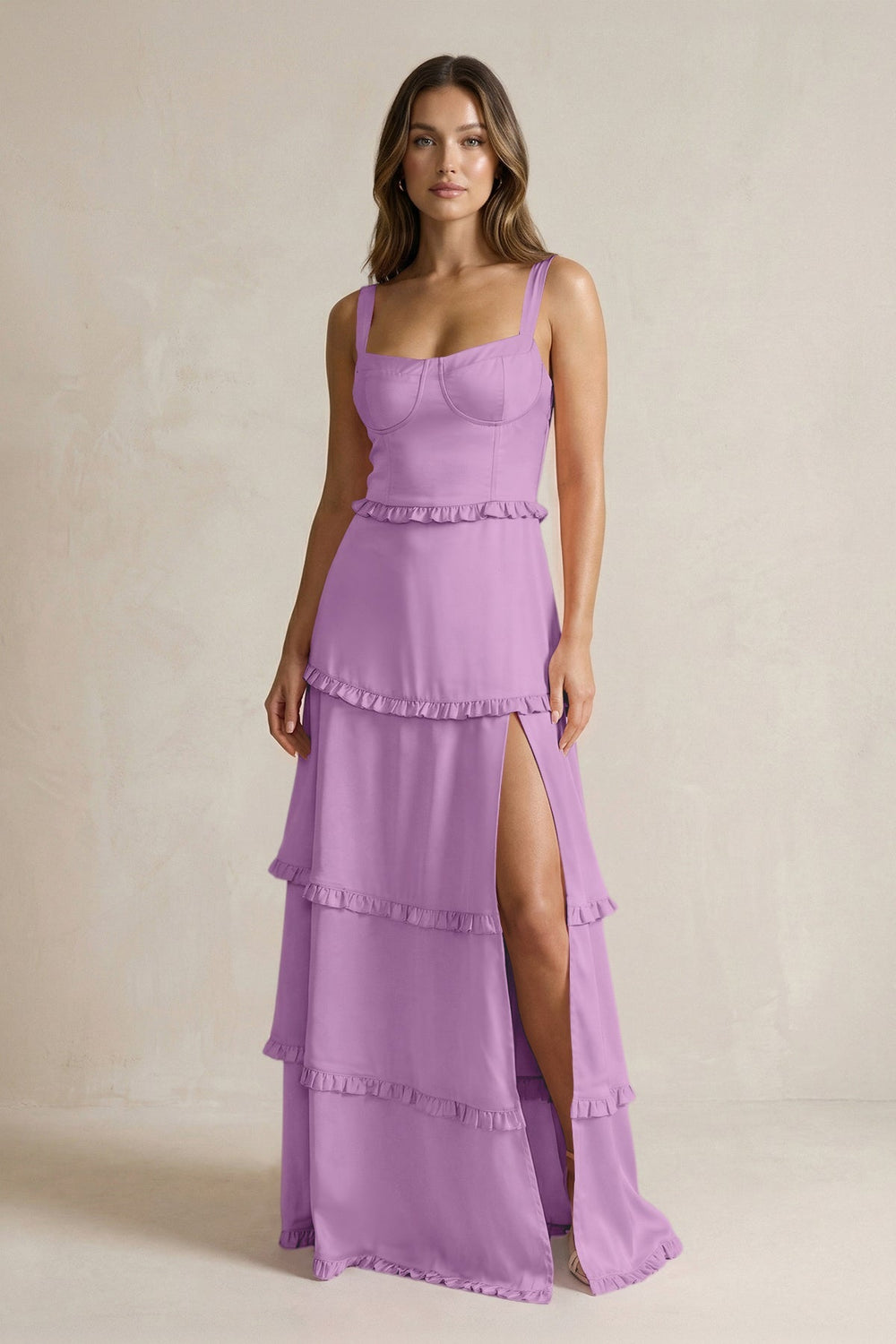 Tiered Ruffled A - Line Bridesmaid Dress With Slit in Vintage Mauve - KISS BRIDAL Bridesmaid Dresses