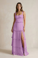 Tiered Ruffled A - Line Bridesmaid Dress With Slit in Vintage Mauve - KISS BRIDAL Bridesmaid Dresses
