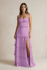Tiered Ruffled A - Line Bridesmaid Dress With Slit in Vintage Mauve - KISS BRIDAL Bridesmaid Dresses