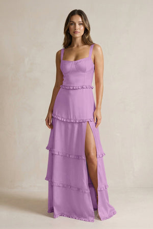 Tiered Ruffled A - Line Bridesmaid Dress With Slit in Vintage Mauve - KISS BRIDAL Bridesmaid Dresses