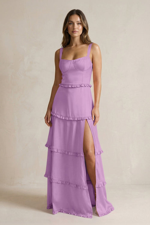 Tiered Ruffled A - Line Bridesmaid Dress With Slit in Vintage Mauve - KISS BRIDAL Bridesmaid Dresses