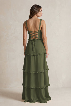 Tiered Ruffled A-Line Bridesmaid Dress With Slit in Willow Green (2) | KISSBRIDAL