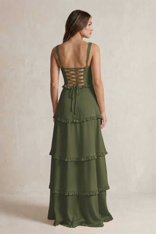 Tiered Ruffled A-Line Bridesmaid Dress With Slit in Willow Green (2) | KISSBRIDAL