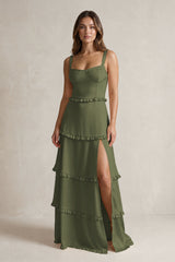 Tiered Ruffled A-Line Bridesmaid Dress With Slit in Willow Green | KISSBRIDAL